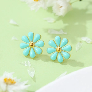 Daisy flower stud earrings in turquoise and gold finish for a fresh summer look