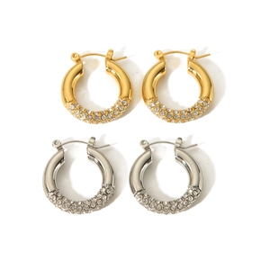 Retro 18K gold and silver plated stainless steel hoop earrings with white zircon accents