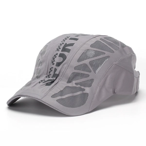 Detail of breathable gray quick-dry sport cap featuring mesh panels and SPORT lettering