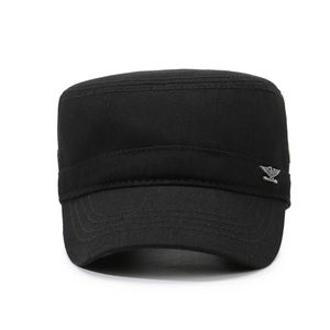 Classic men's black flat top military cap with a silver eagle metal logo on the side