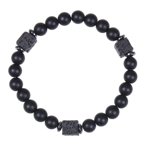Minimalist 8mm matte black bead bracelet with square volcanic stone accents on white background
