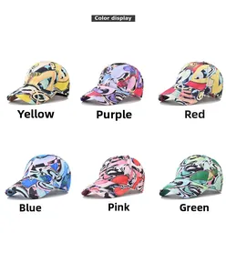 Detail view of cotton baseball caps showing six colorful abstract graffiti pattern variants