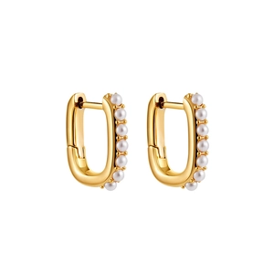 Elegant 18K gold-plated U-shaped hoop earrings featuring neat rows of small white pearls