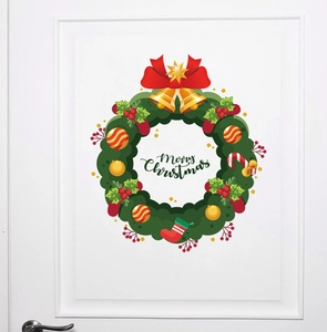 Detail of Christmas wreath door sticker with Merry Christmas text and festive ornaments