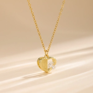 Gold 18K stainless steel hollow heart pendant necklace with shimmering crystal stones