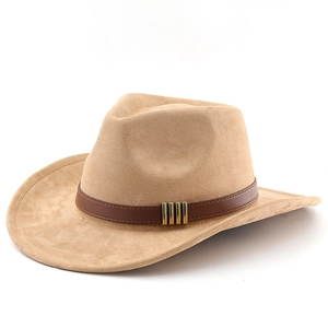 Classic wide brim faux suede cowboy hat with brown leather band and gold metal accents