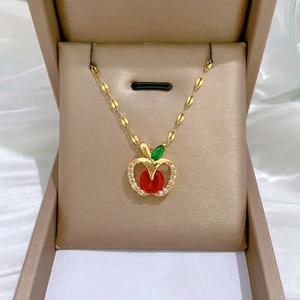 Apple Pendant Necklace Stainless Steel Chain Copper Zircon Inlaid Elegant Fashion Light Luxury Women Clavicle Chain Jewelry