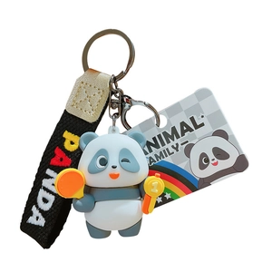 Cute cartoon panda keychain with table tennis paddle, medal, and panda ribbon tag