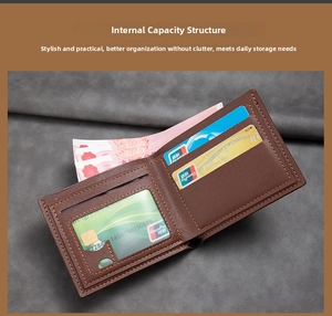 Detail view of brown bifold wallet showing multiple card slots and clear photo window