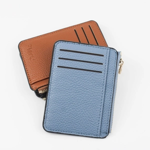 Slim litchi leather zipper card wallet in brown and blue with multi-card slots