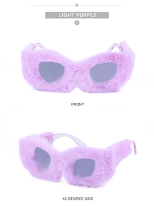Front and side views of light purple plush cat eye sunglasses for women's fashion