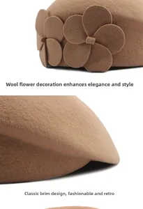 Detail of wool felt beret with handmade 3D flower decoration and elegant visor brim