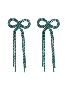 Detailed view of dark green rhinestone bowknot earrings with long hanging tassels