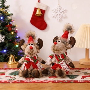 Pair of cute Christmas reindeer plush dolls with red knit outfits for festive decor