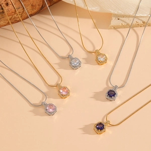 Colorful square crystal pendant necklaces with gold and silver chain options for women