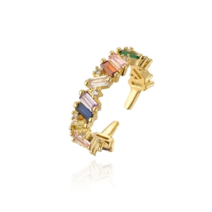 Minimalist 18K gold-plated ring with rainbow baguette-cut zircon gemstones and diamonds