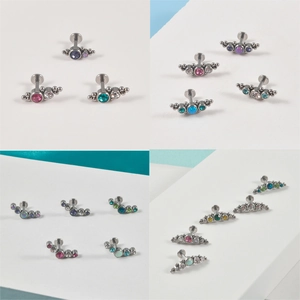16G stainless steel curved lip and cartilage stud rings with colorful zircon gems