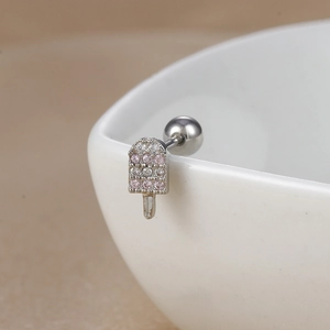 Close-up of silver lollipop ice cream stud earrings with pink pavé crystals and ball screw back