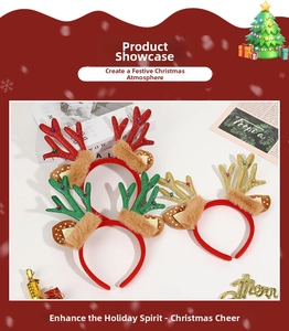Detail of glitter reindeer antlers headbands with plush fur and festive metal bells