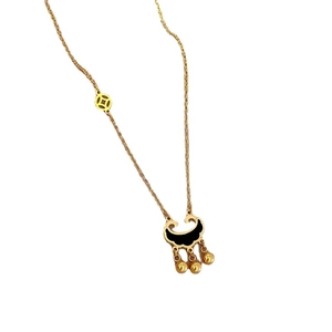 Titanium steel gold necklace with coin charm and double-sided lock pendant for women