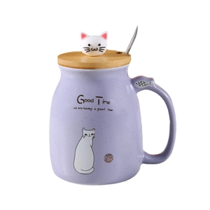 Lila Keramiktasse mit Katzenmotiv, 3D-Holzdeckel und Löffel für Kaffee oder Milch