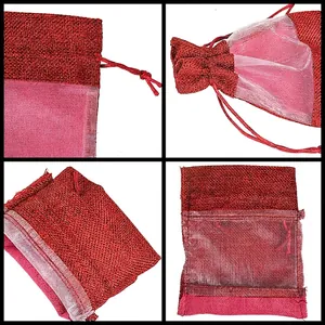 Red linen drawstring pouch with clear organza window and rustic twine details