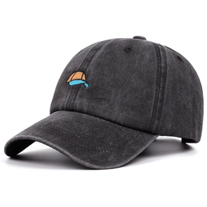 Vintage washed dark grey cotton baseball cap with small colorful embroidery on front