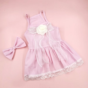 Pink pet floral lace dress with rose bow and matching headband on a pink backdrop