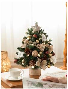 Close-up of luxury mini Christmas tree with gold baubles, pine cones and LED lights