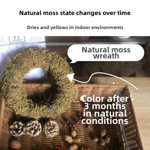 Close-up of a dried natural moss wreath in a basket with pine cones for DIY decor