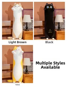 Detailed views of long cat plush pillows in brown, black, and yellow color variations