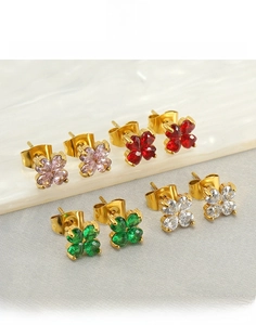 Détails des boucles d'oreilles trèfle en acier titane rose, rouge, blanc et vert