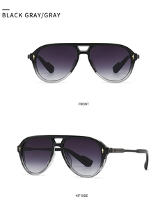 Detailed front and side views of vintage pilot sunglasses with gradient black lenses