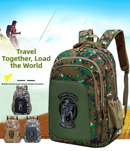 Detail of four camouflage backpacks showing large compartments and mesh side pockets