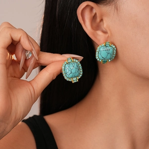 Boucles d'oreilles carrées vintage avec pierre turquoise et strass étincelants