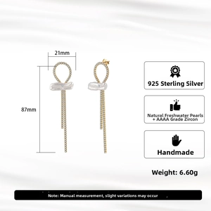 Detailed dimensions of long tassel earrings with baroque pearls and zircon fringe