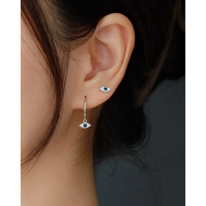 Detailed view of S925 silver evil eye earrings with blue stones and white zircon stones