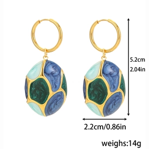 Detail showing dimensions of vintage oval enamel drop earrings with gold finish