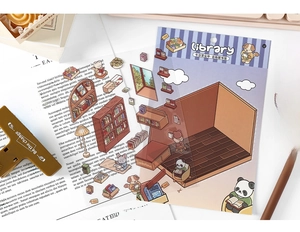 Detailed close-up of 3D PET DIY library scene stickers for handmade journaling art