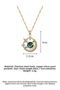 Detail of gold star and moon necklace with cubic zirconia moon, planet and star charms