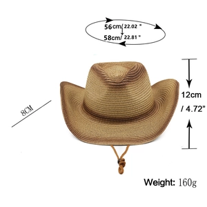 Detailed size chart for Western straw cowboy hat with dimensions and adjustable chin strap