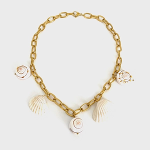 Gold chunky chain necklace featuring natural seashell charms on a white background