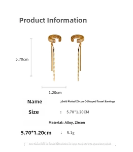 Detail specifications of C-shaped tassel ear cuff with gold plating and zircon stones