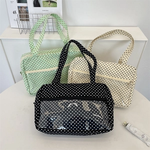 Polka dot canvas tote bags with transparent PVC windows in mint, beige, and black colors