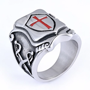 Vintage silver steel men's signet ring with red cross shield and embossed knight details