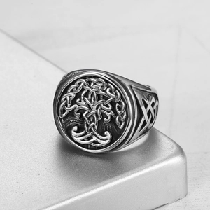 Vintage Tree of Life ring in silver finish with Celtic knot details and round relief