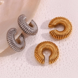 Chic 18K gold and silver plated hollow spiral texture clip earrings on seashell background