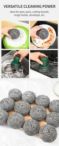 Detailed view of heavy-duty stainless steel scouring pads with ergonomic green handles