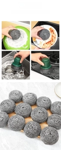 Detailed view of heavy-duty stainless steel scouring pads with ergonomic green handles