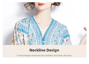 Detail of V-neckline on bohemian print dress showing elegant neck and facial contouring